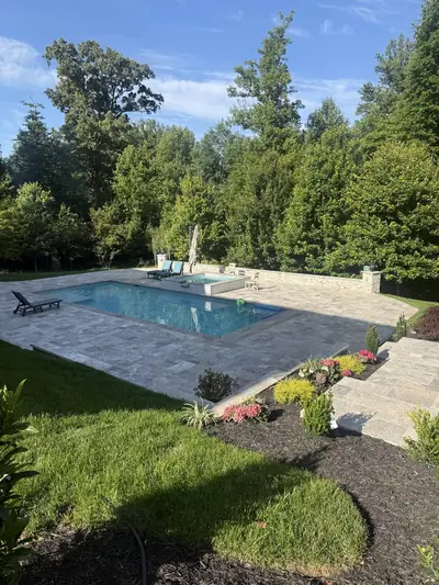 Pool patio, sunset — Great Falls, VA porcelain patio